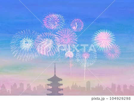 水彩画風明るい花火と五重塔 水彩画風明るい花火と五重塔 104929298