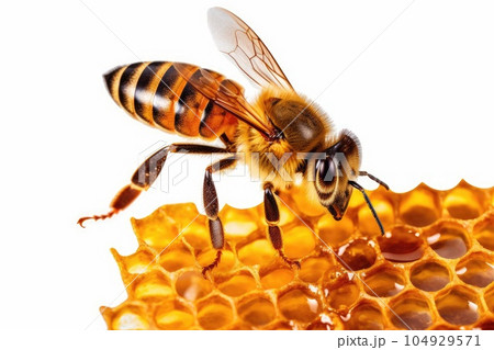 Close-up bee on honey comb with honey, isolated - Stock