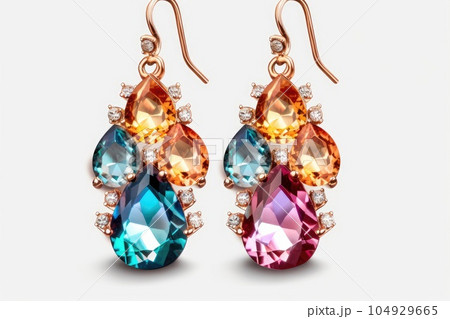 Drop earrings with colored crystals on white background. Generative AI 104929665