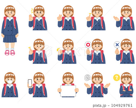 ランドセルを背負った女子小学生 表情とジェスチャーのイラスト素材セット ランドセルを背負った女子小学生 表情とジェスチャーのイラスト素材セット 104929761