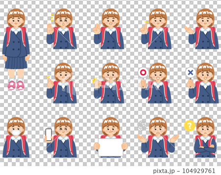 ランドセルを背負った女子小学生 表情とジェスチャーのイラスト素材セット ランドセルを背負った女子小学生 表情とジェスチャーのイラスト素材セット 104929761