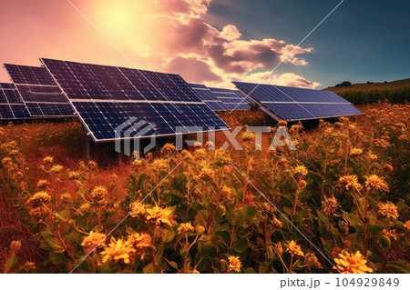 Solar panels in nature. Generative AI 104929849