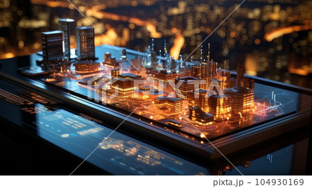 Smart city and communication network concept. 5G telecommunication. Digital Landscape AI 104930169