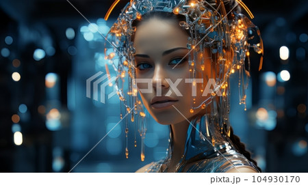 Female face and robot projection. Future technologies, Internet Business, Digital technology AI 104930170