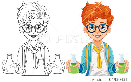 Male student cartoon holding conical flask on science class experiment Male student cartoon holding conical flask on science class experiment 104930431