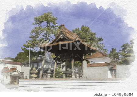 水彩画風　教善寺　鐘楼　広島県東広島市 104930684