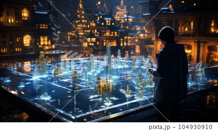 Man and futuristic technological progress city. Future technologies, Internet Business, Digital technology AI 104930910