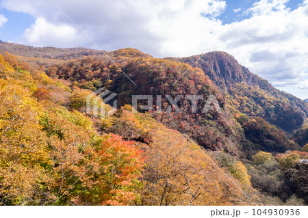 空撮「栃木県」紅葉した日光の山々の風景 空撮「栃木県」紅葉した日光の山々の風景 104930936