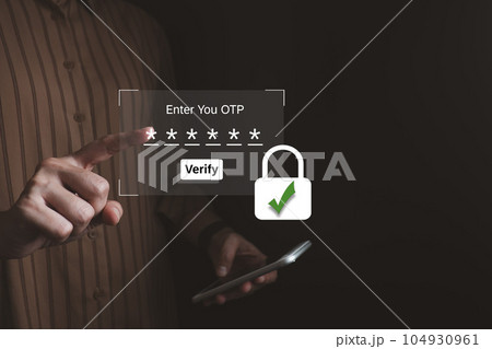 Verification of information with fingerprint scanner,2 factor authentication, high security for login access information, Internet security, online financial transaction, 2-step verify 104930961