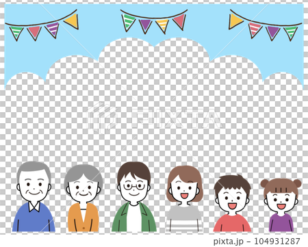 Simple and cute frame illustration of blue sky and three generation family Simple and cute frame illustration of blue sky and three generation family 104931287