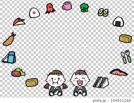 食べ物と子供のフレームイラスト素材　食育・給食 104931288