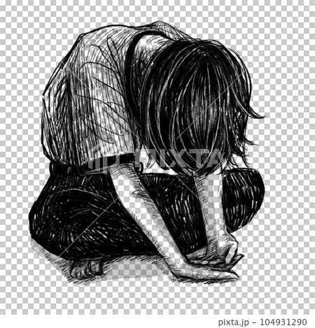 Sad girl. Woman crying. Vector art of depressed person. Hand drawn