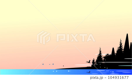 夕日の湖畔に鳥が飛び立つ風景 104931677