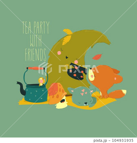 Cartoon Illustration Tea Party with Cute Animals Friends Cartoon Illustration Tea Party with Cute Animals Friends 104931935