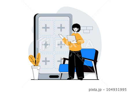 Web development concept with people scene in flat design. Man creating layout with empty blocks of mobile application interface. Vector illustration for social media banner, marketing material. Web development concept with people scene in flat design. Man creating layout with empty blocks of mobile application interface. Vector illustration for social media banner, marketing material. 104931995
