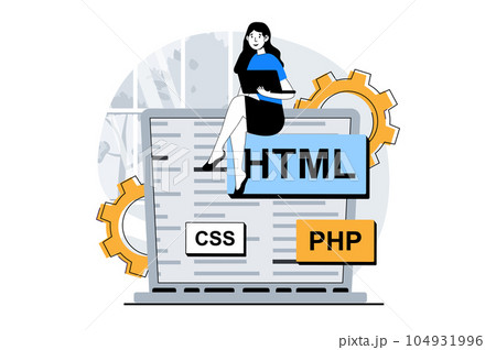 Web development concept with people scene in flat design. Woman programming code for site, settings, testing and optimization page. Vector illustration for social media banner, marketing material. 104931996