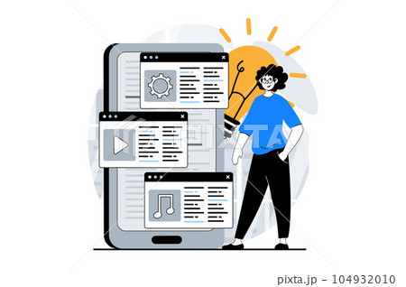 Web development concept with people scene in flat design. Man placing content or apps blocks on screen for layout mobile interface. Vector illustration for social media banner, marketing material. 104932010