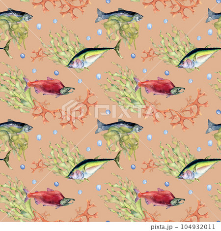 Various wild sea fish seamless pattern watercolor illustration isolated on pink. Seaweeds, tuna, salmon, coho, sea plants hand drawn. Design element for textile, packaging, paper, wrapping, banner Various wild sea fish seamless pattern watercolor illustration isolated on pink. Seaweeds, tuna, salmon, coho, sea plants hand drawn. Design element for textile, packaging, paper, wrapping, banner 104932011