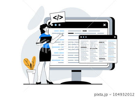 Web development concept with people scene in flat design. Woman working with programming code at computer screen and making layout. Vector illustration for social media banner, marketing material. 104932012