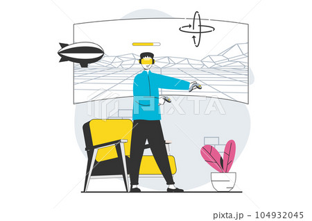 Virtual reality concept with people scene in flat design for web. Man in VR headset playing game in metaverse space with simulation. Vector illustration for social media banner, marketing material. Virtual reality concept with people scene in flat design for web. Man in VR headset playing game in metaverse space with simulation. Vector illustration for social media banner, marketing material. 104932045