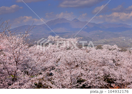 山梨県韮崎市神山町鍋山 川沿いの桜並木の満開のソメイヨシノと奥の山々の稜線の景色 山梨県韮崎市神山町鍋山 川沿いの桜並木の満開のソメイヨシノと奥の山々の稜線の景色 104932176