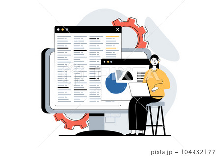 Software development concept with people scene in flat design for web. Woman works with programming code and researches analytics data. Vector illustration for social media banner, marketing material. 104932177