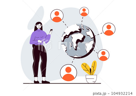 Social network concept with people scene in flat design for web. Woman getting contacts and connecting online with friends in global. Vector illustration for social media banner, marketing material. Social network concept with people scene in flat design for web. Woman getting contacts and connecting online with friends in global. Vector illustration for social media banner, marketing material. 104932214