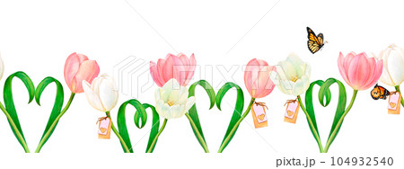 Watercolour drawn seamless border from beautiful pink and white tulip flowers with heart-shaped leaves, butterflies, name tags on white background. For logo, stickers, invitation, print, cards, banner Watercolour drawn seamless border from beautiful pink and white tulip flowers with heart-shaped leaves, butterflies, name tags on white background. For logo, stickers, invitation, print, cards, banner 104932540