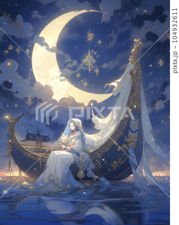 メルヘンチックな雰囲気　三日月まで旅する黄金の船（Generative AI） 104932611