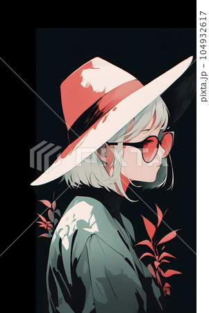 つばの広い帽子をかぶり、真紅のサングラスをかけた女性（Generative AI） 104932617