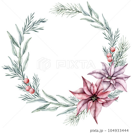 Watercolor wreath of red poinsettia flower, eucalyptus and rosemary twigs with leaves and red berries. Botanical Winter flowers. Hand painted watercolor illustration for Christmas, wedding invitation Watercolor wreath of red poinsettia flower, eucalyptus and rosemary twigs with leaves and red berries. Botanical Winter flowers. Hand painted watercolor illustration for Christmas, wedding invitation 104933444
