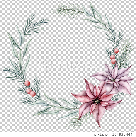 Watercolor wreath of red poinsettia flower, eucalyptus and rosemary twigs with leaves and red berries. Botanical Winter flowers. Hand painted watercolor illustration for Christmas, wedding invitation Watercolor wreath of red poinsettia flower, eucalyptus and rosemary twigs with leaves and red berries. Botanical Winter flowers. Hand painted watercolor illustration for Christmas, wedding invitation 104933444