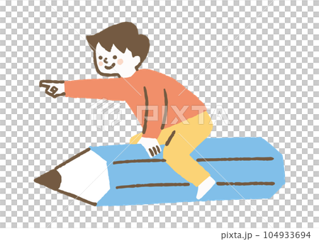 鉛筆に乗って指をさしている少年_色 104933694