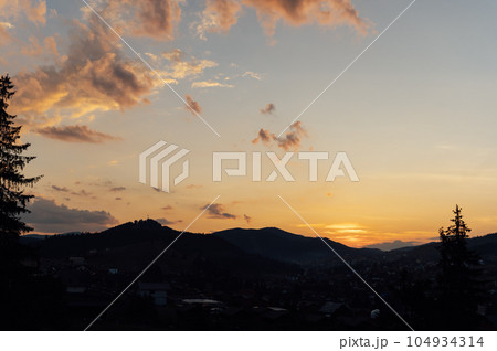 Beautiful nature landscape during sunset, sunrise in Europe, Ukrainian mountains and slopes, wide landcape 104934314