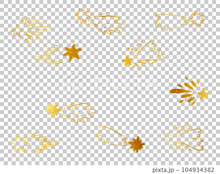 手描きキラキラゴールドの流れ星のイラストセット 104934382
