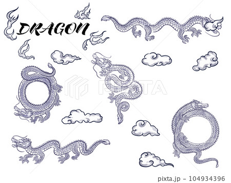 手描きの水墨画タッチのドラゴンと雲のイラストセット 104934396