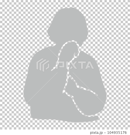 成熟/老年一代女性剪影，手放在下巴上思考象形文字，灰色 104935176