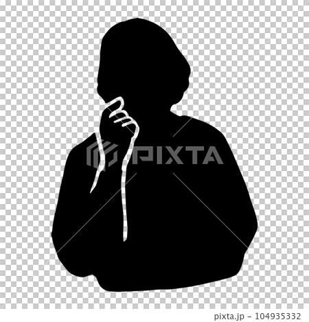 成熟老一代的女性剪影，用手指放在臉頰上思考的手勢的象形圖，黑色 104935332
