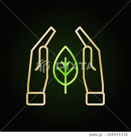 Hands with leaf vector colored line icon on dark background 104935338