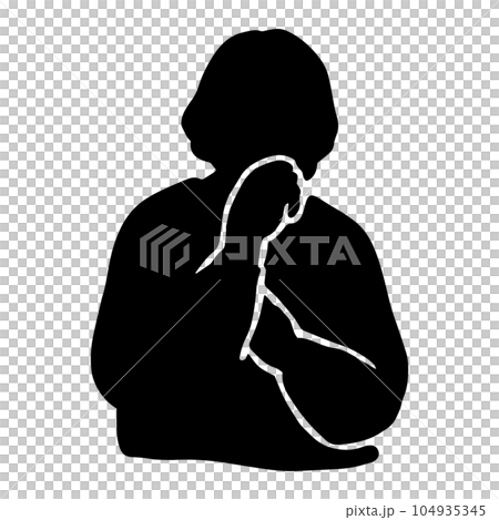 成熟/老年一代女性剪影，手放在下巴上思考象形文字，黑色 104935345