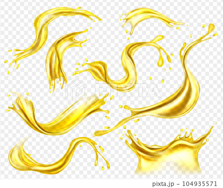 Oil splashing isolated. Fruit beverage elements for advertising or package design. Realistic yellow liquid with drop 104935571