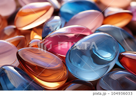 Pastel coloured translucent glass water stones overlapping. Beach summer background 104936033