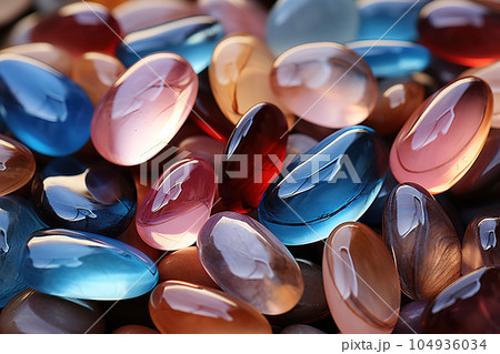 Pastel coloured translucent glass water stones overlapping. Beach summer background 104936034