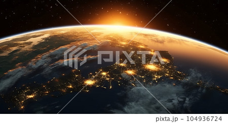 Planet Earth with sunrise and city lights. Earth from space. Globalization concept. Night part of Earth as seen from space. AI generated illustration 104936724