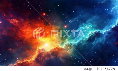 Abstract space background with stars and nebula, computer-generated image. Illustration of fractal with smoke and fire effect. 3d render abstract background with explosion of colorful smoke in space 104936779