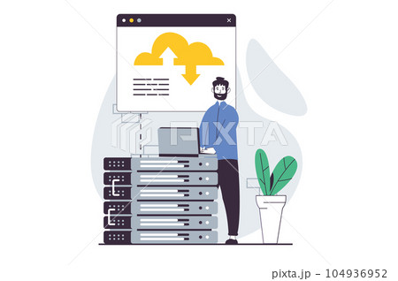 SaaS concept with people scene in flat design for web. Man working with cloud storage and using database hardware for sync files. Vector illustration for social media banner, marketing material. 104936952