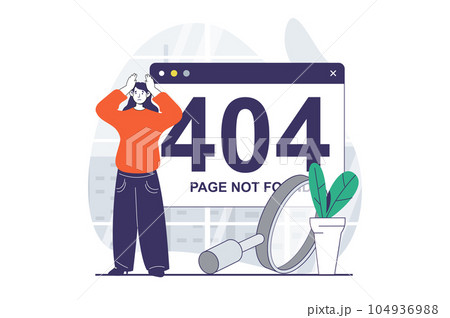 Page not found concept with people scene in flat design for web. Woman getting message about connection problem and troubleshooting. Vector illustration for social media banner, marketing material. 104936988