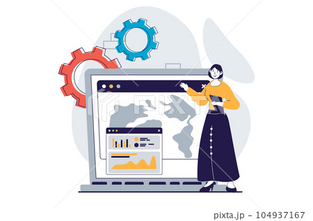 Global economic concept with people scene in flat design for web. Woman working with worldwide financial data for marketing report. Vector illustration for social media banner, marketing material. Global economic concept with people scene in flat design for web. Woman working with worldwide financial data for marketing report. Vector illustration for social media banner, marketing material. 104937167