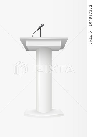White Podium Tribune Rostrum Stands with Microphones. Podium tribune with microphones isolated for business presentation, conference. Vector White Podium Tribune Rostrum Stands with Microphones. Podium tribune with microphones isolated for business presentation, conference. Vector 104937332