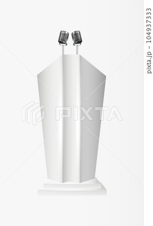 White Podium Tribune Rostrum Stands with Microphones. Podium tribune with microphones isolated for business presentation, conference. Vector White Podium Tribune Rostrum Stands with Microphones. Podium tribune with microphones isolated for business presentation, conference. Vector 104937333